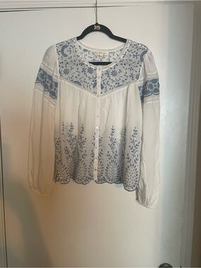 Gorgeous White Blouse with Intricate Blue Embroidery front and back
